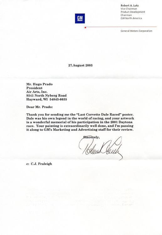 Bob Lutz Letter regarding Corvette C5R Earnhardt
